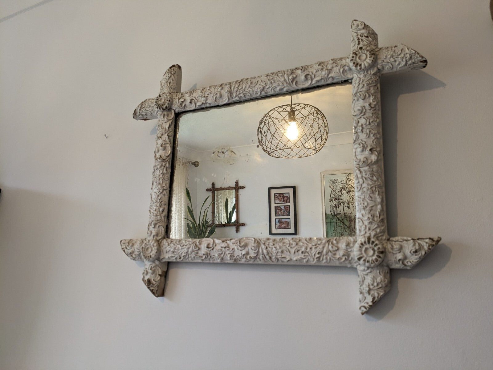Late 19th century French Detailed distressed mirror Chippy Antique Rare Mercury