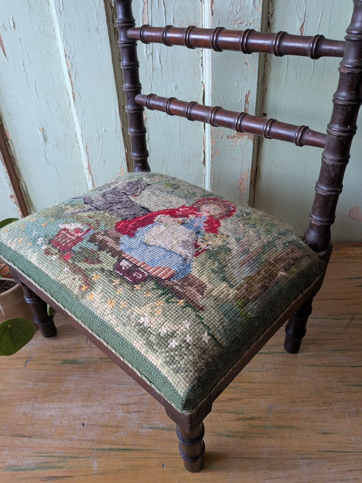 Antique Bobbin Faux Bamboo Childs Chair Apprentice Tapestry Seat Red Riding Hood