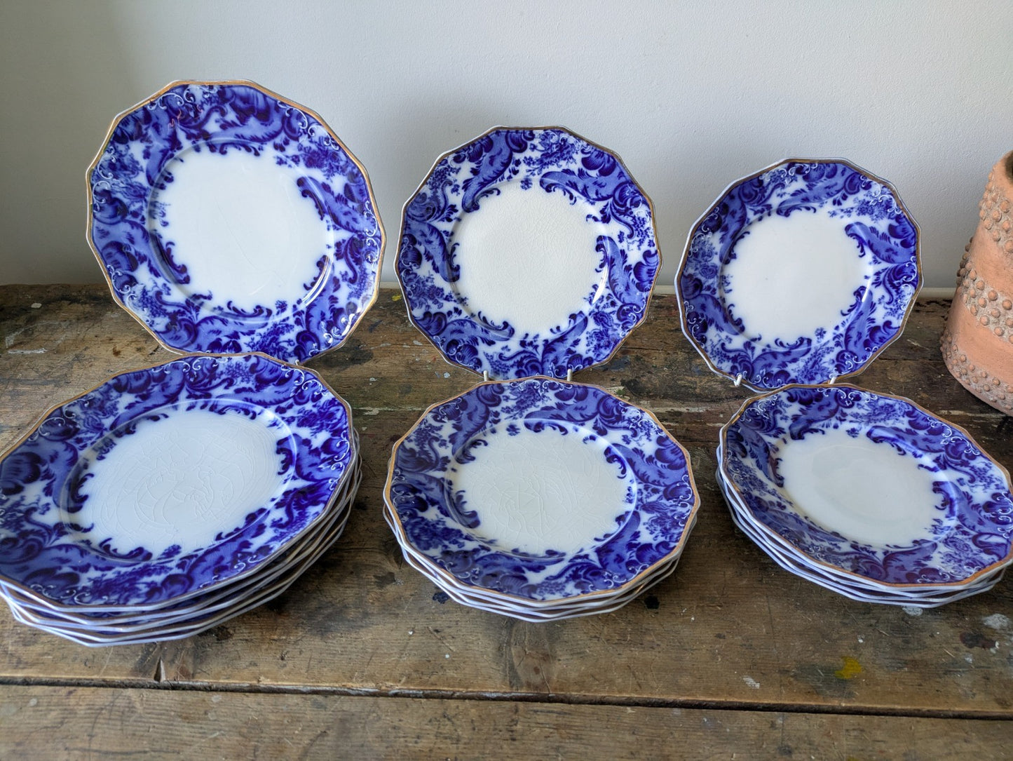 16 Piece Antique Vtg W. H. GRINDLEY Argyle Flow Blue Dinner Dessert Plates Set