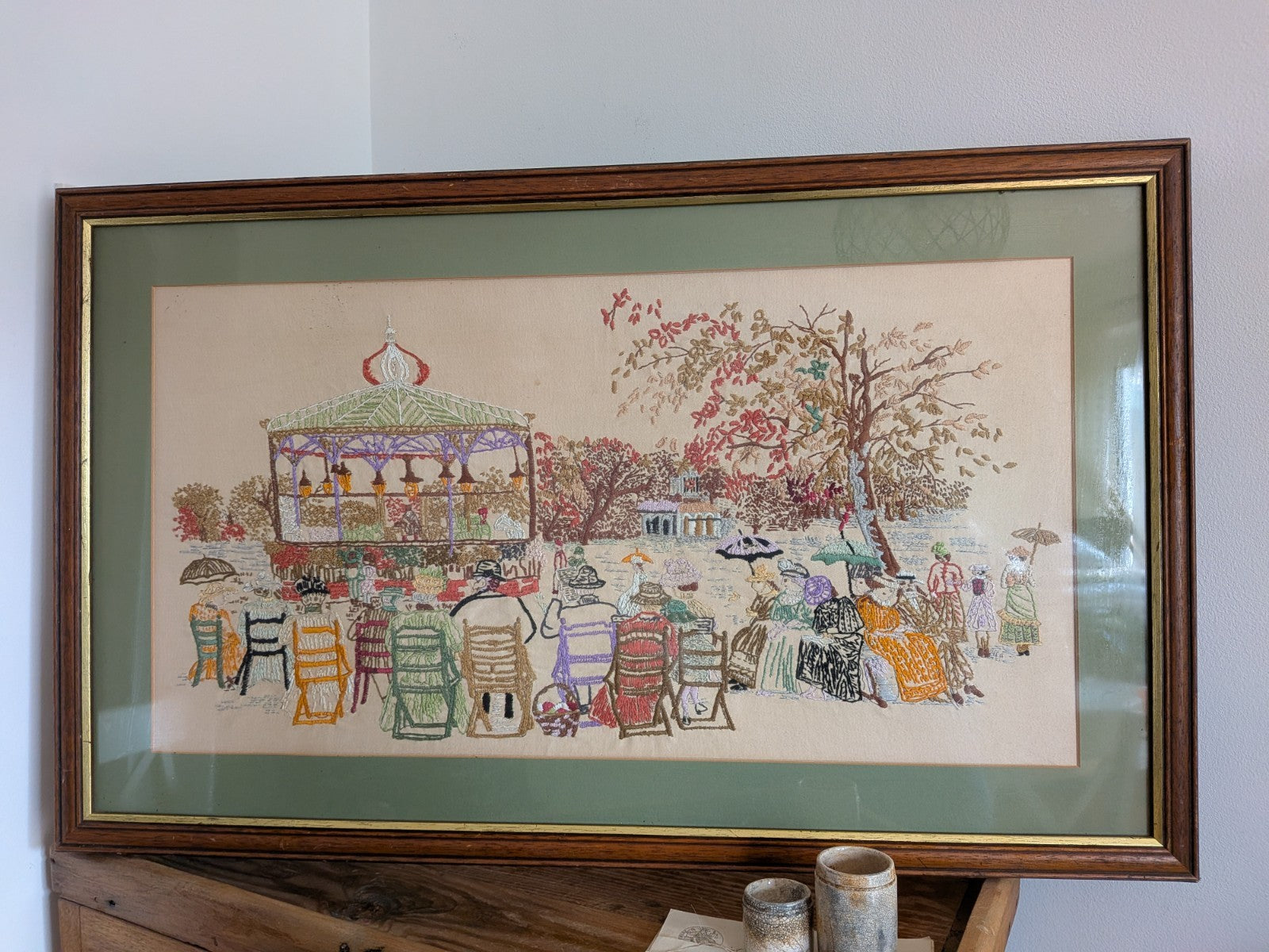 Vintage Cross Stitch Victorian Band Stand Play Framed Embroidery Crewel Large