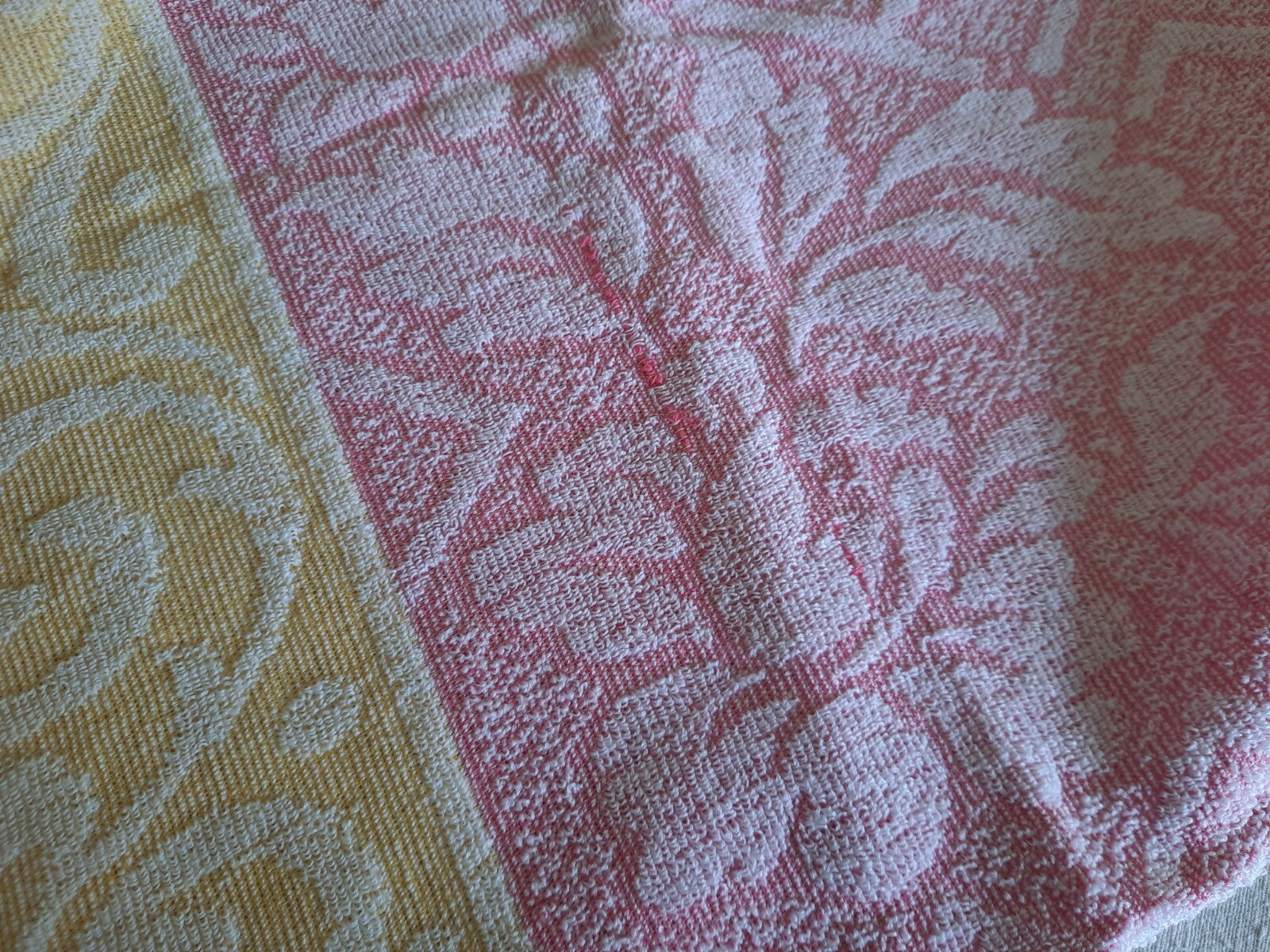 1 Vintage Towel Pink Yellow Retro Hand bathroom prop Midcentury Cotton Floral
