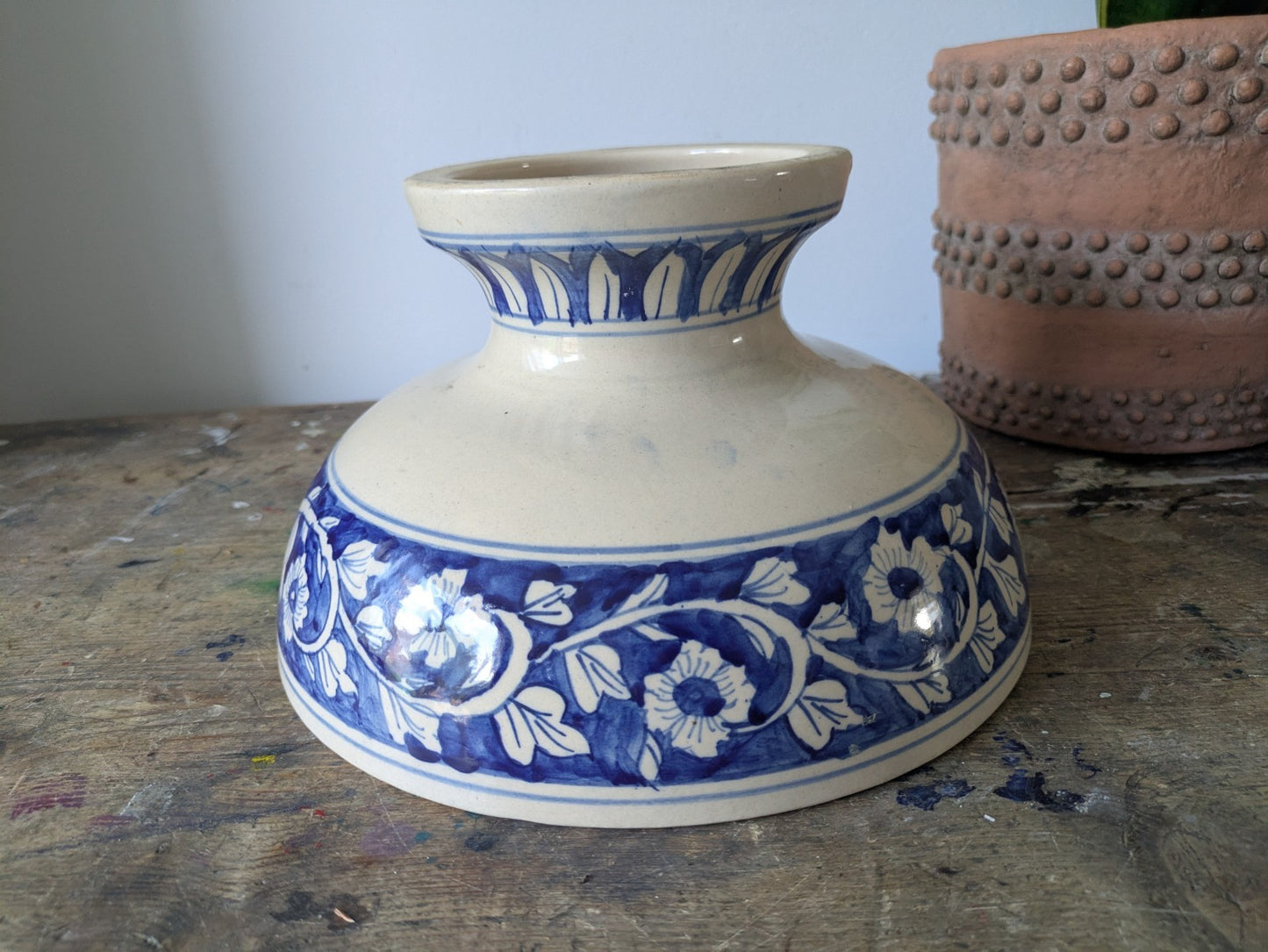 Asian Blue and White Ceramic Fruit Bowl Serving Dish Footed Raised Pedestal Vtg