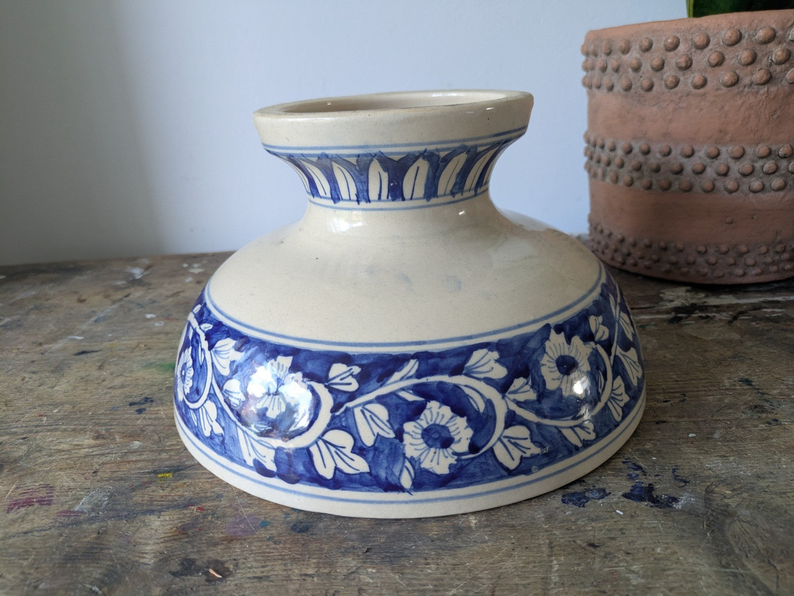 Asian Blue and White Ceramic Fruit Bowl Serving Dish Footed Raised Pedestal Vtg