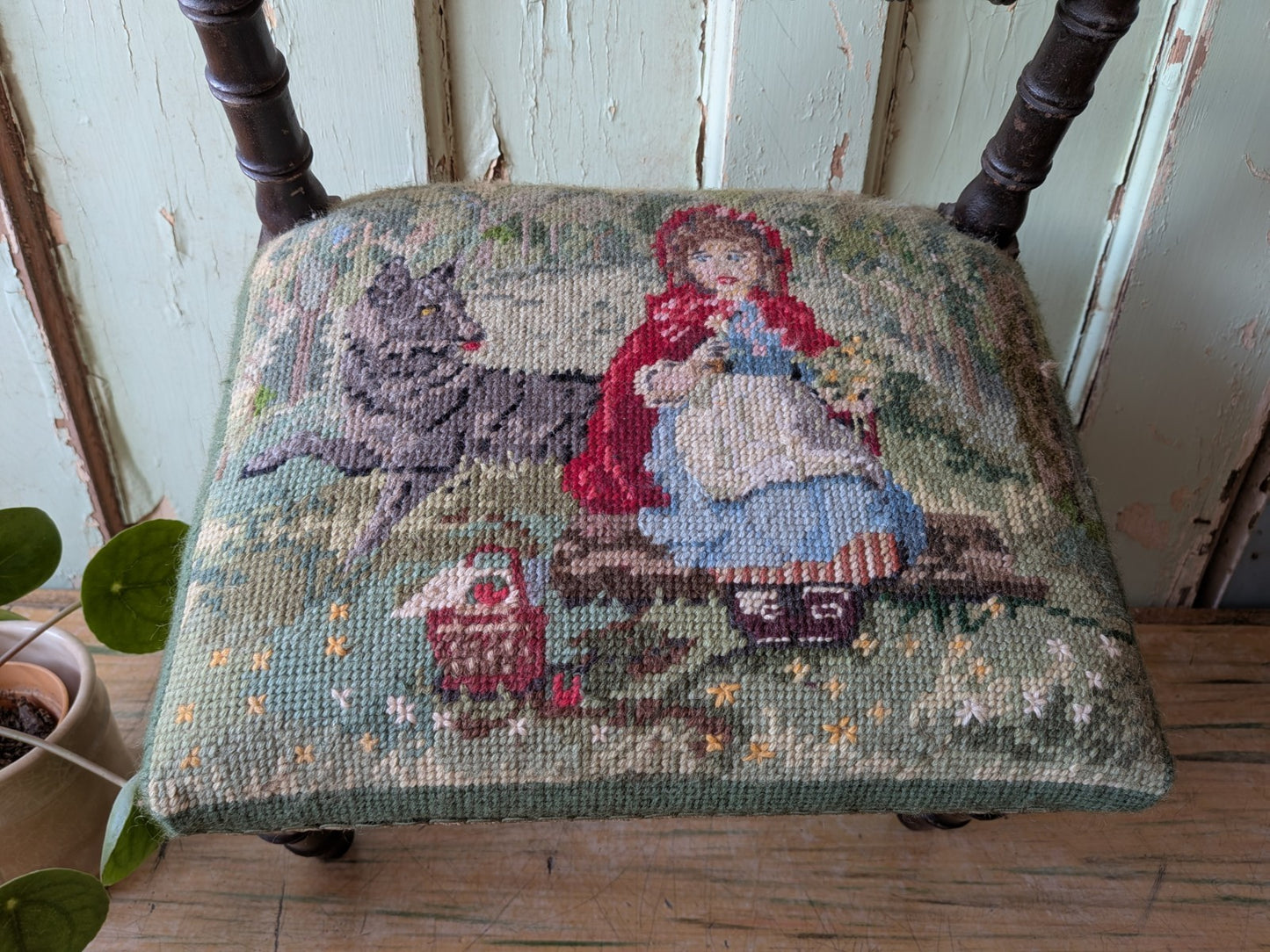 Antique Bobbin Faux Bamboo Childs Chair Apprentice Tapestry Seat Red Riding Hood