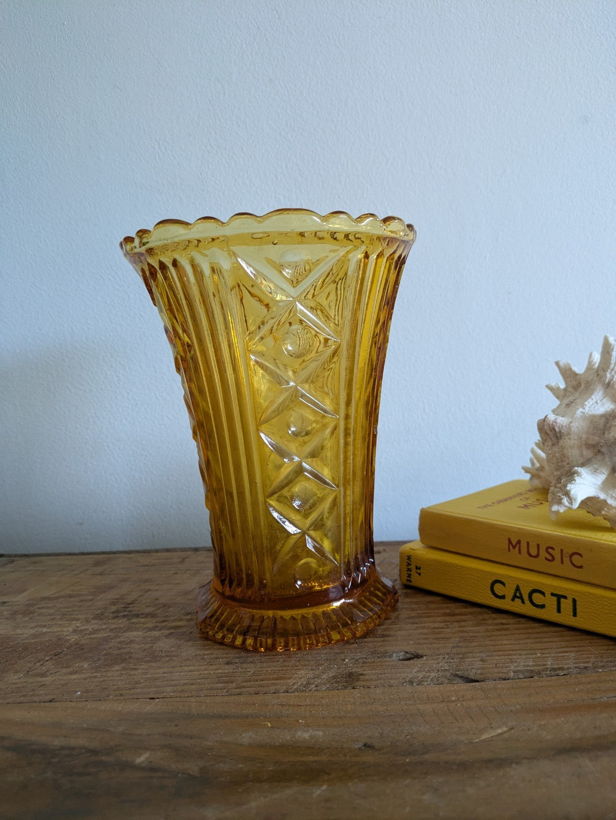 Vintage Art Deco Fluted Amber Glass Flared Vase Heavy Yellow Gold Flowers 17cm H
