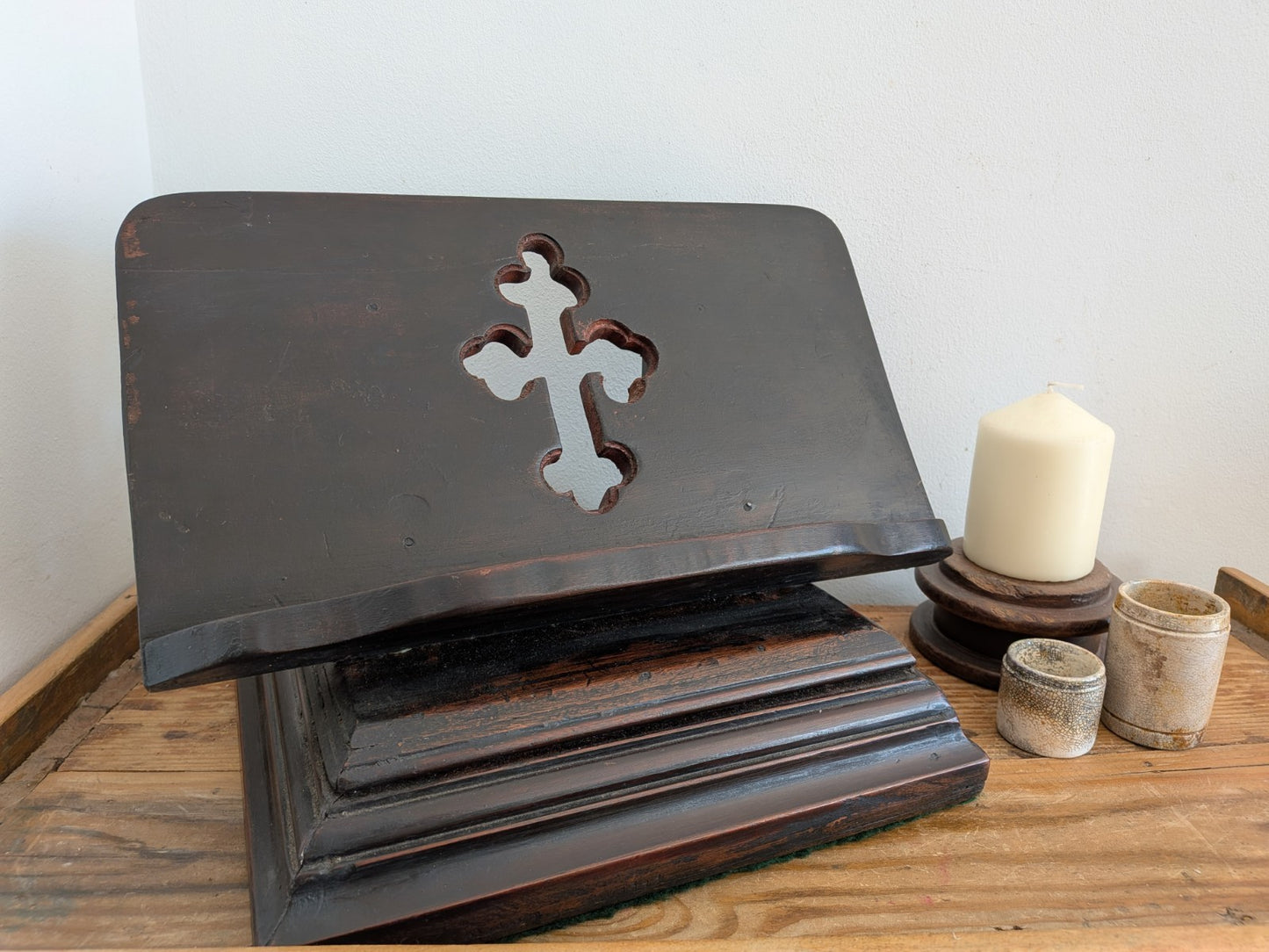 Antique Wood Carved Bible Stand  Lectern Religious Crucifix Book Rest Missal Vtg