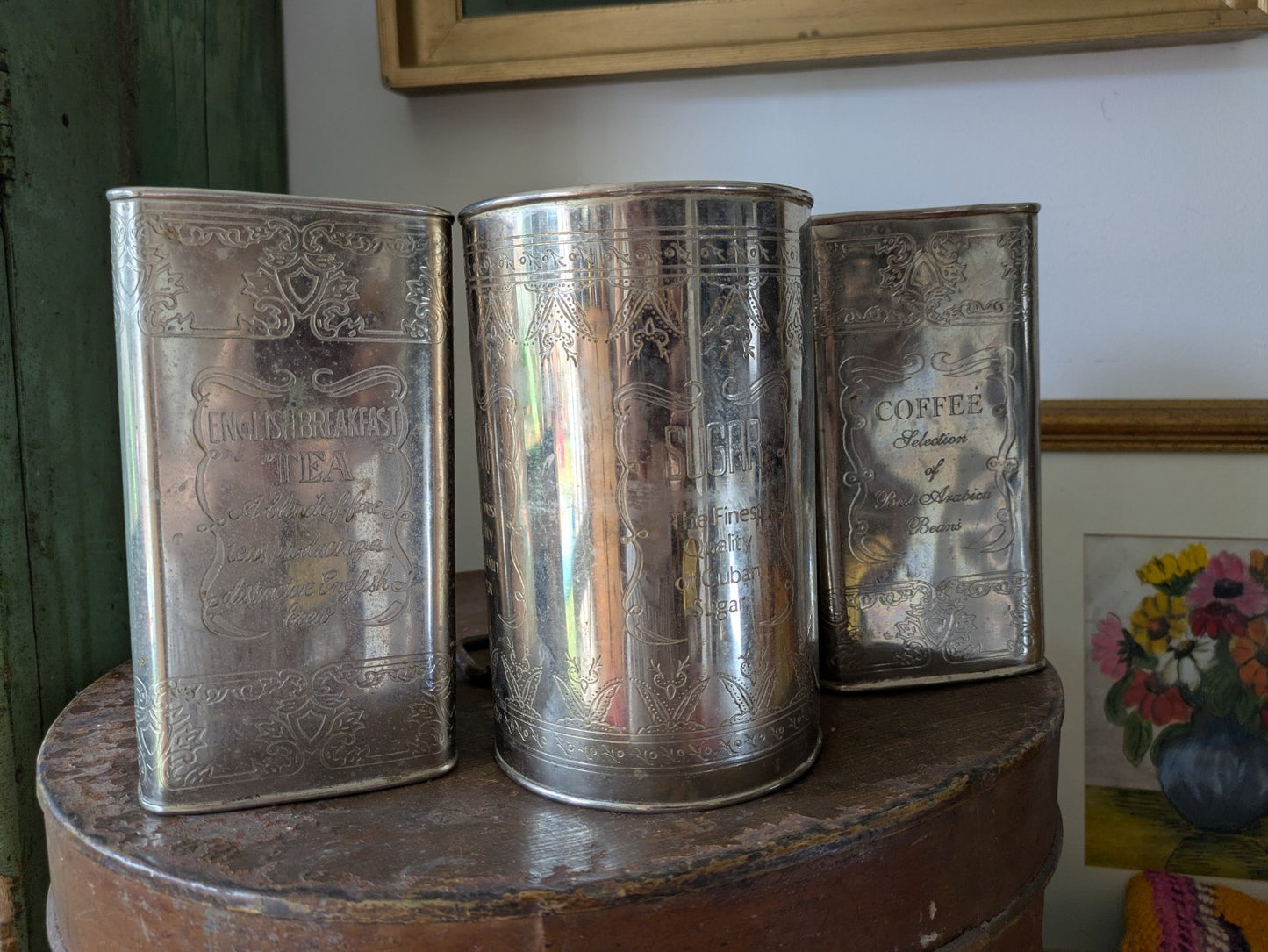 Vintage Canister Set Finest Quality Cuban Sugar, Coffee, Fine Teas Silver Metal