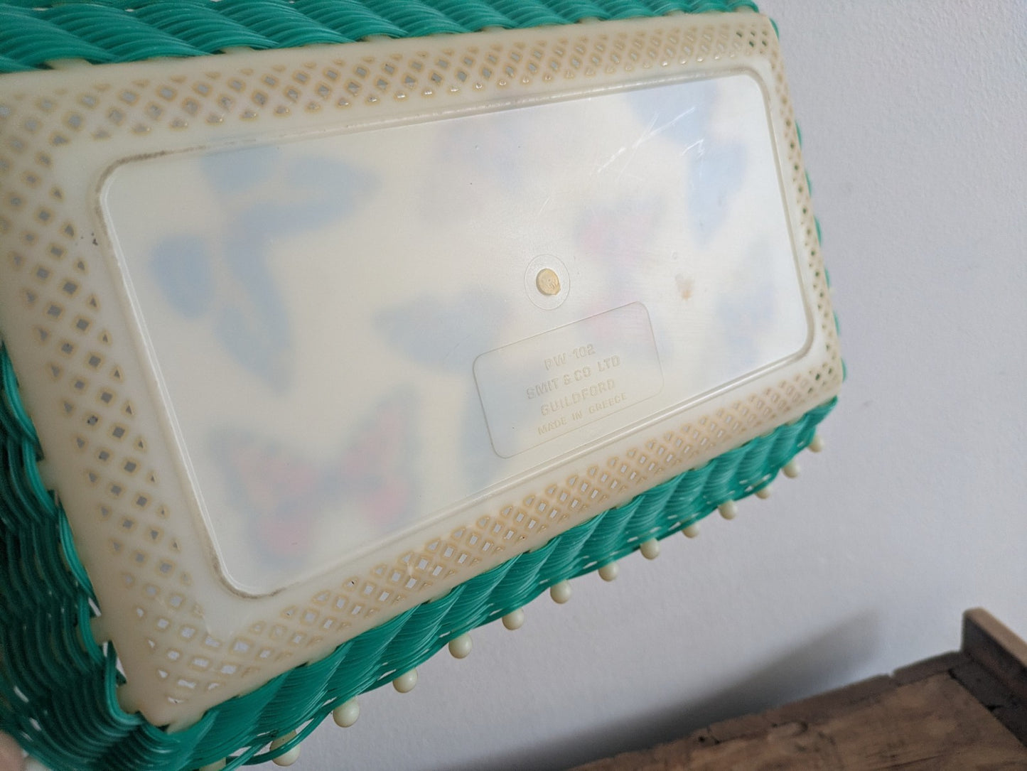 Retro Green and White Butterfly Tray with Plastic Woven Edge Greece Kitsch Prop 