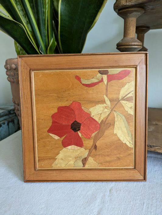 Vintage Marquetry Picture Wood Art Wood inlaid Poppy Leaves Flower Floral Red
