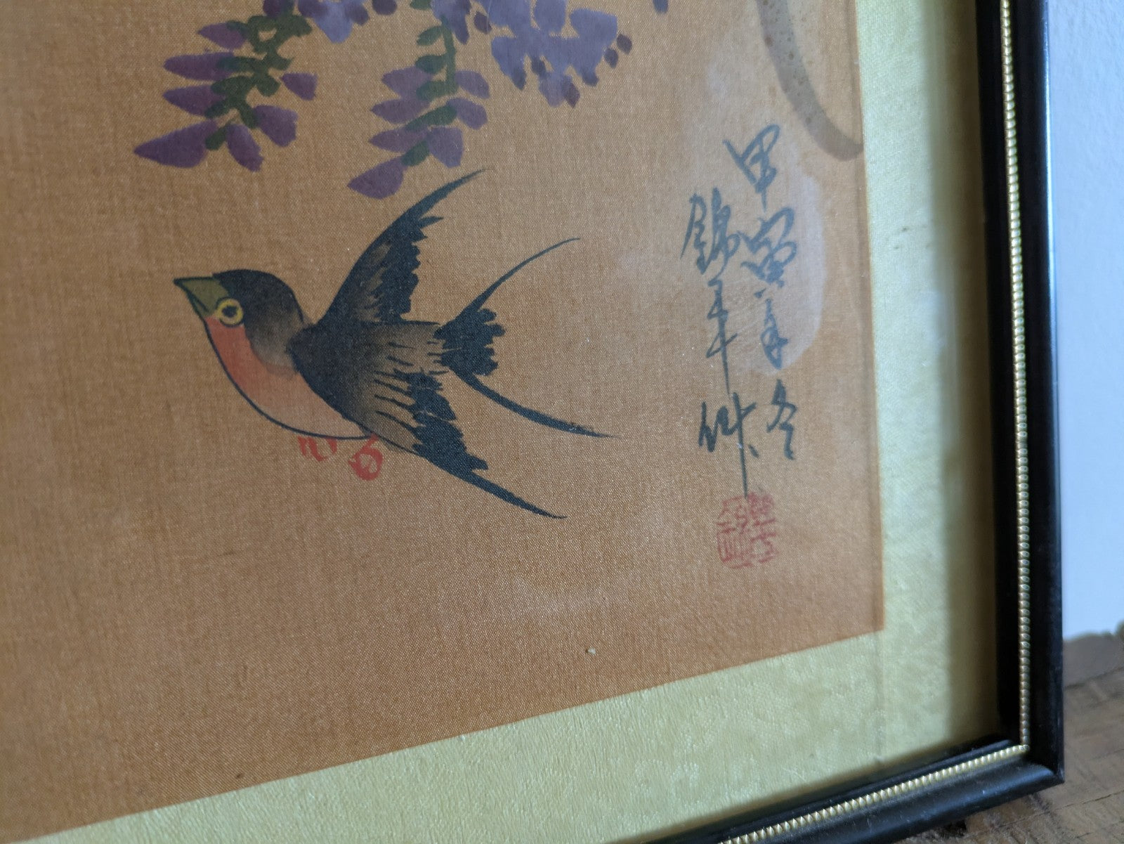 Antique Swallows & Wisteria Ohara Koson JAPANESE SIGNED PAINTING ON SILK FRAMED