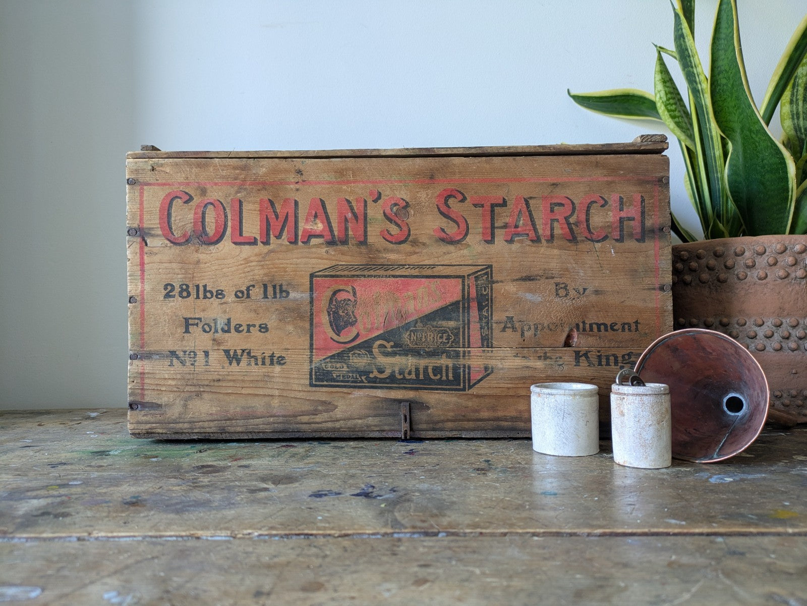 Antique Colmans Starch Printed Wooden Crate Original Large Vintage Advertising 