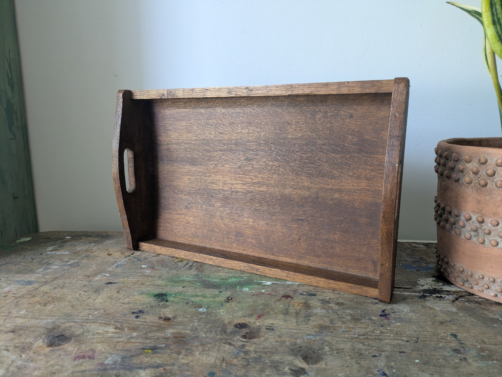 Vintage Antique Oak Wood Butlers Serving Tray with Handles Inset Prop Tea Drinks