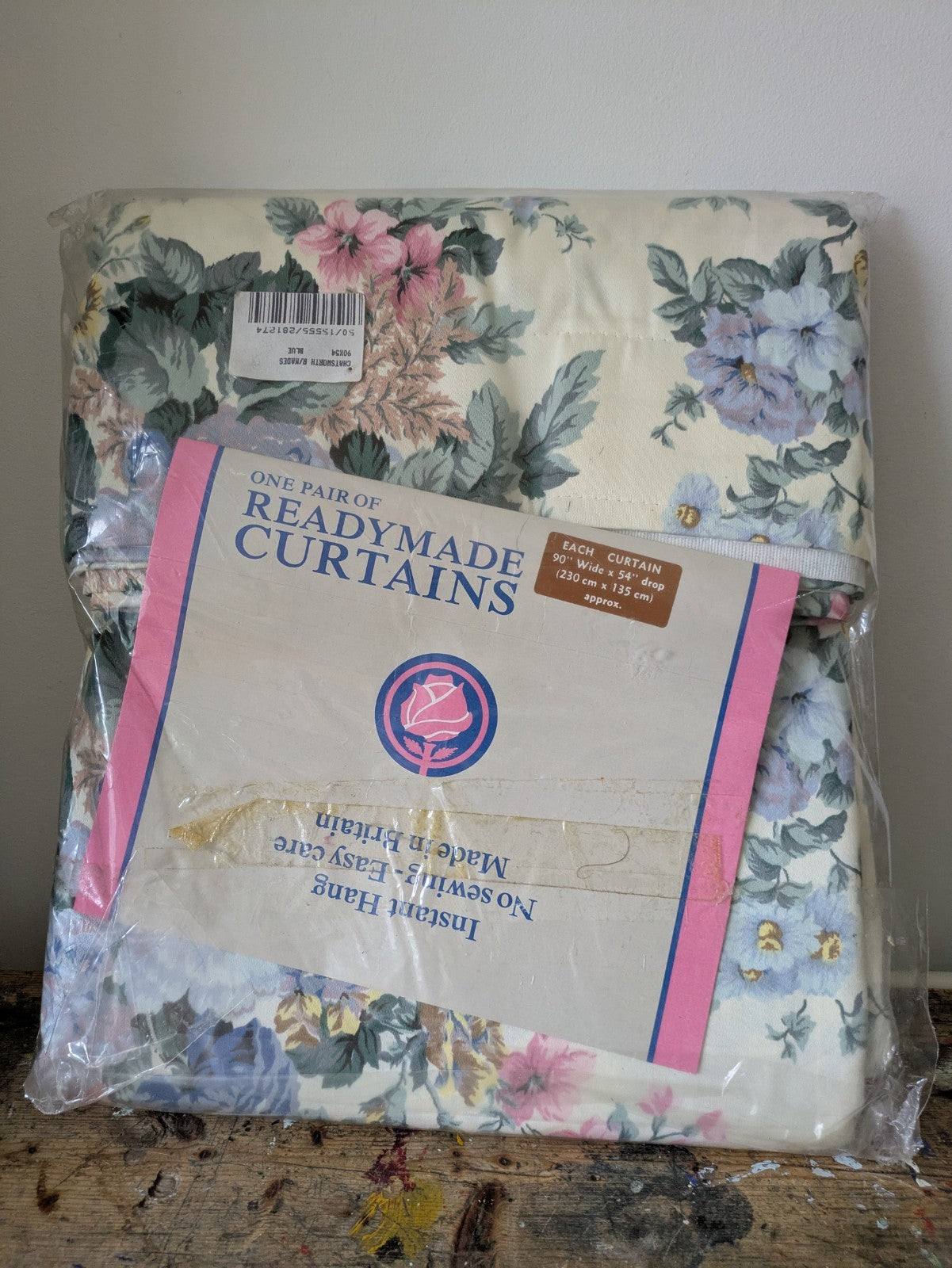 Vintage BNWT Chatsworth Curtains BLUE Cabbage Rose 90"W 54"D Pair Floral Shabby