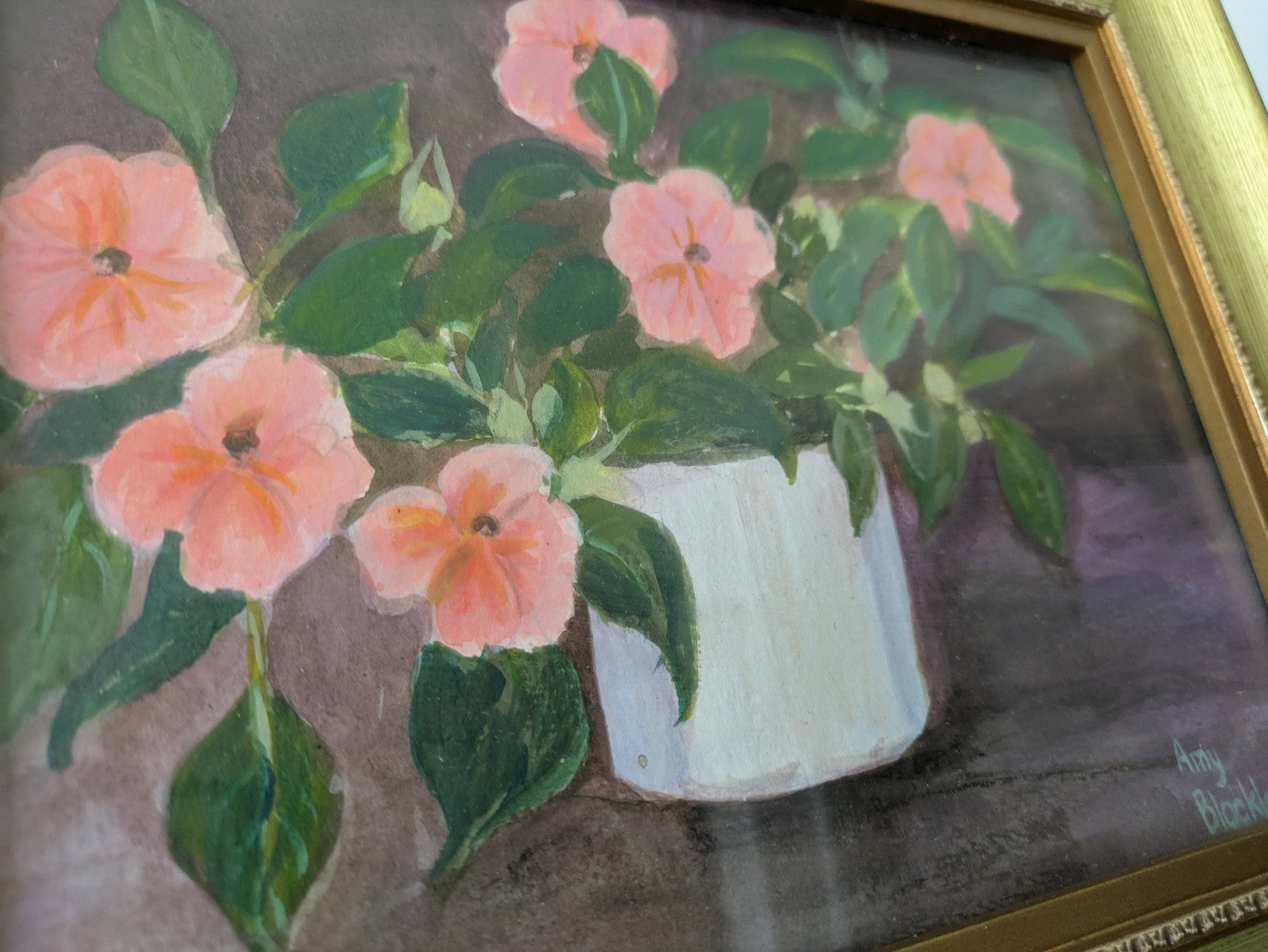 Vintage Still Life Painting Flowers Acrylic Amy blockley Signed Glazed Framed Vg