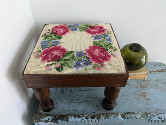 Vintage Foot Stool Wood Floral Tapestry seat original chair old Step Shabby Chic