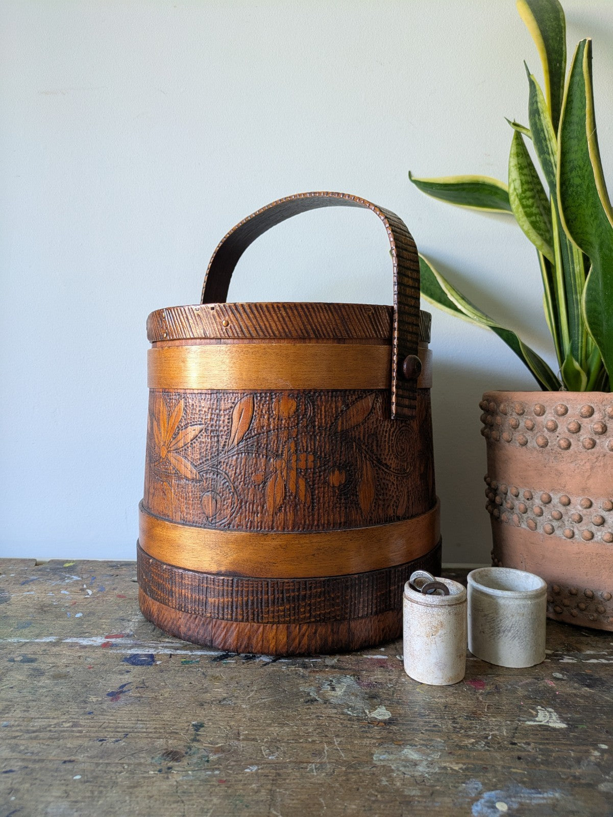 Antique Vtg Sugar Firkin Bucket w. Lid & Handle Pantry Carved Design Primitive