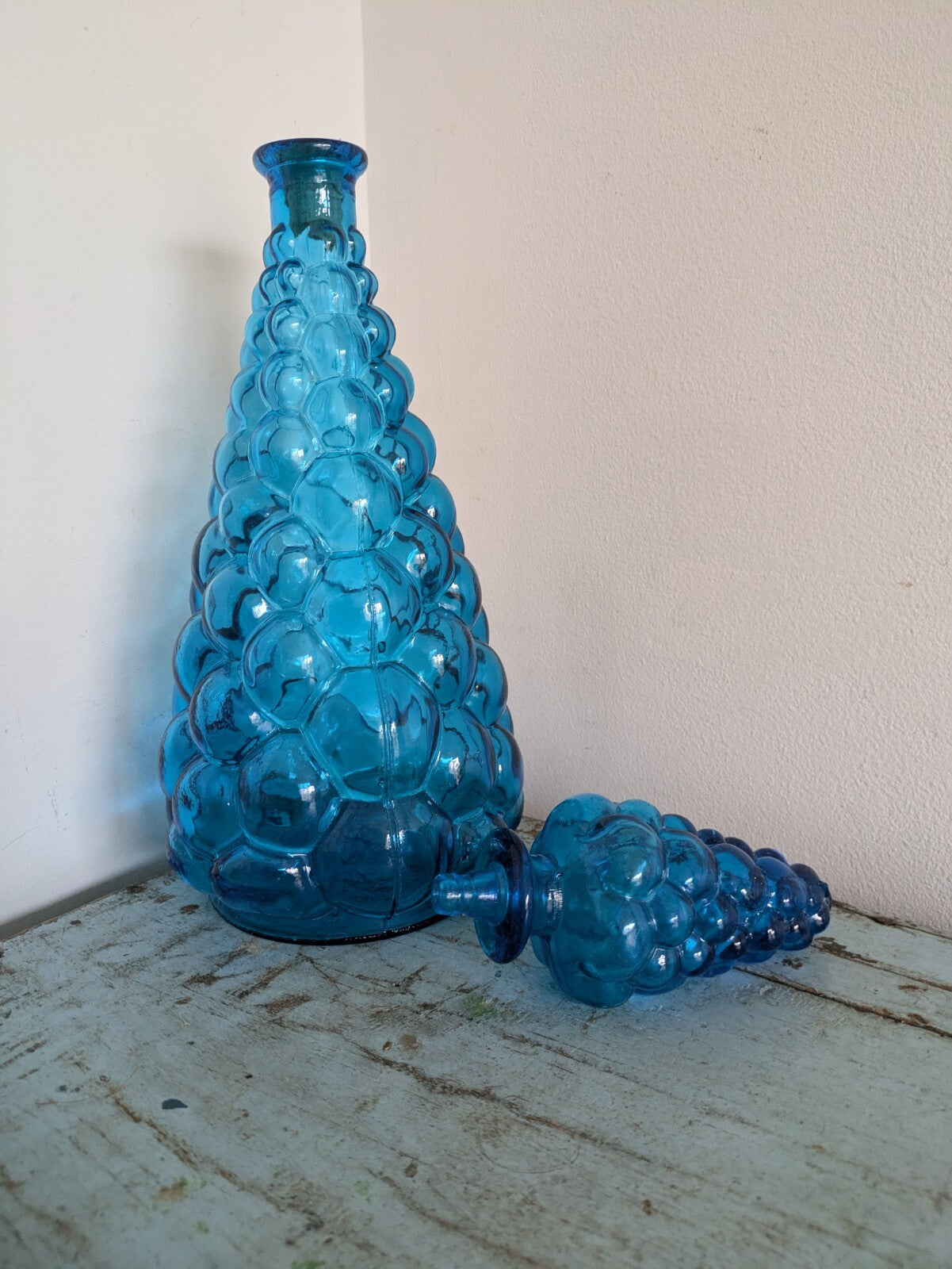 Vintage Italian Empoli Bubble Glass Decanter Blue with Stopper Made in Italy Vgc