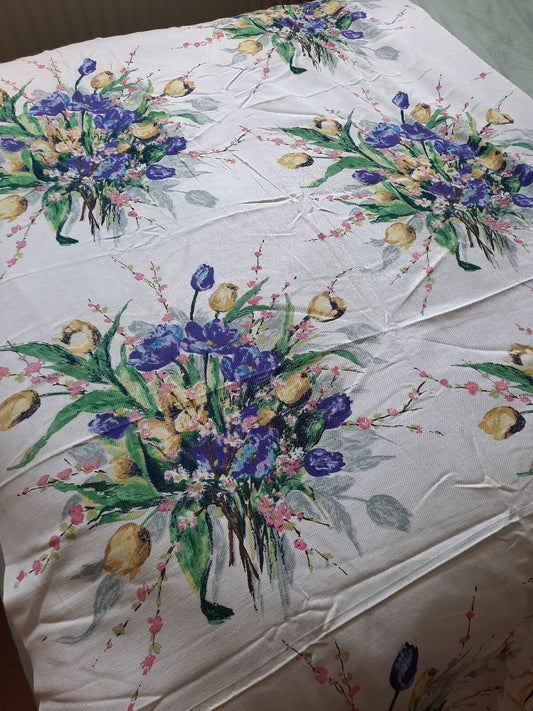100% Cotton French Interior Fabric Bouquet Vintage White Floral 2.1m Tulips Rare