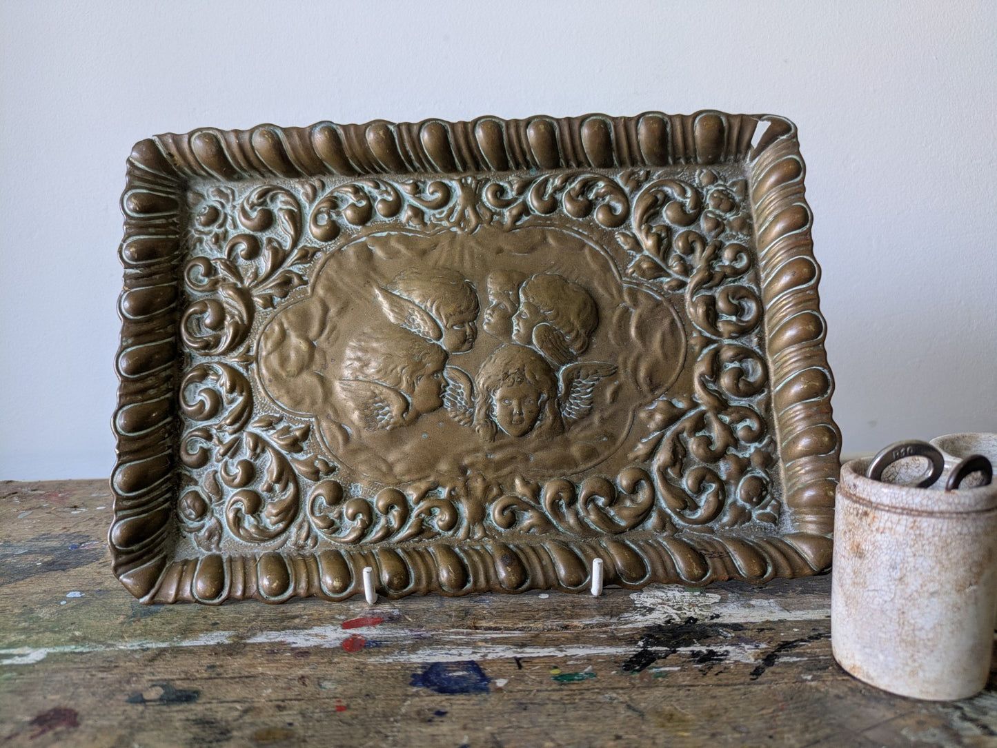 Antique REYNOLDS ANGELS Embossed Dressing Table Tray 1900s Cherubs Ornate Brass