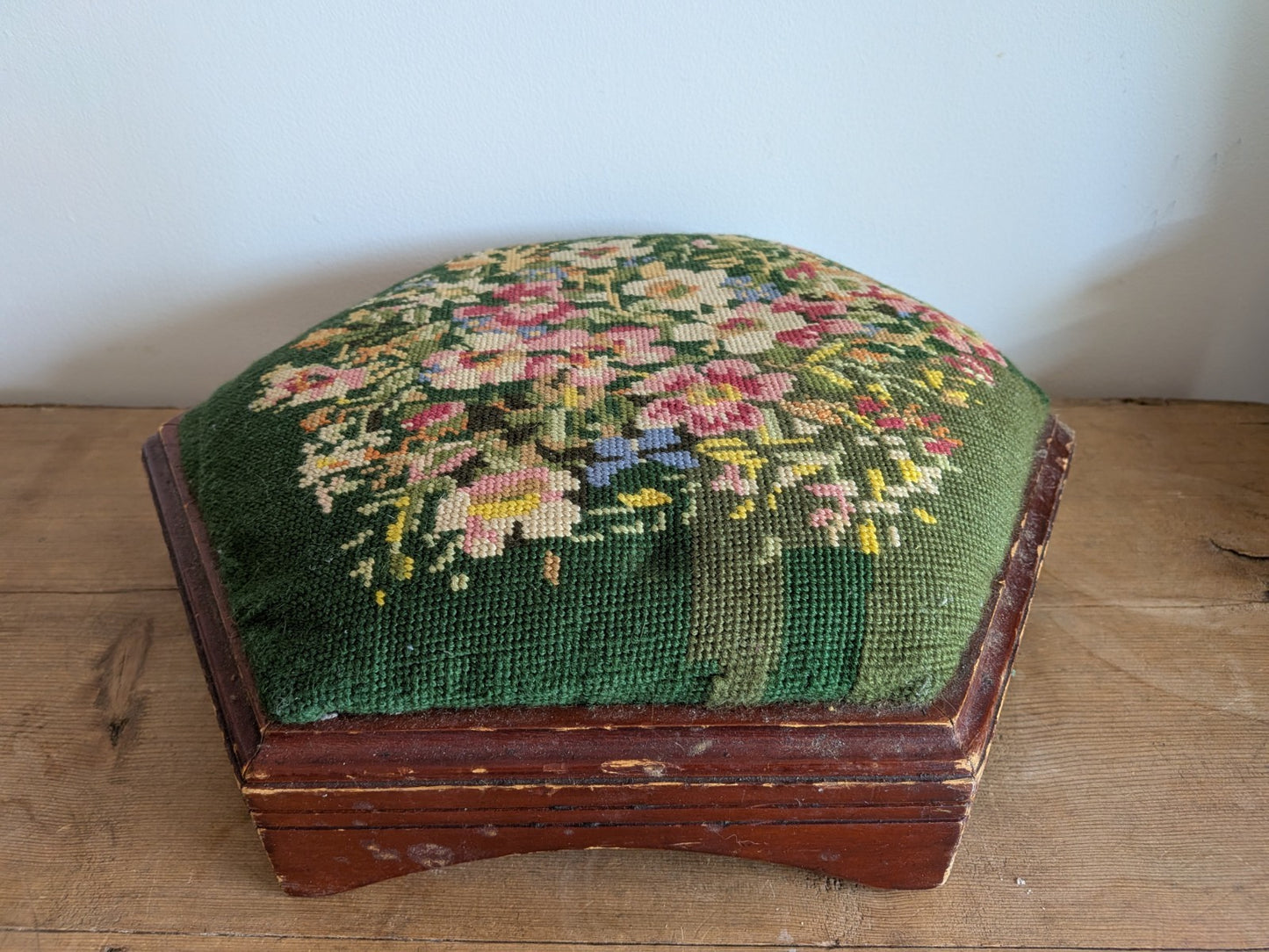 Vintage Hexagonal Footstool Embroidered Needlepoint Wood Floral Tapestry Stool