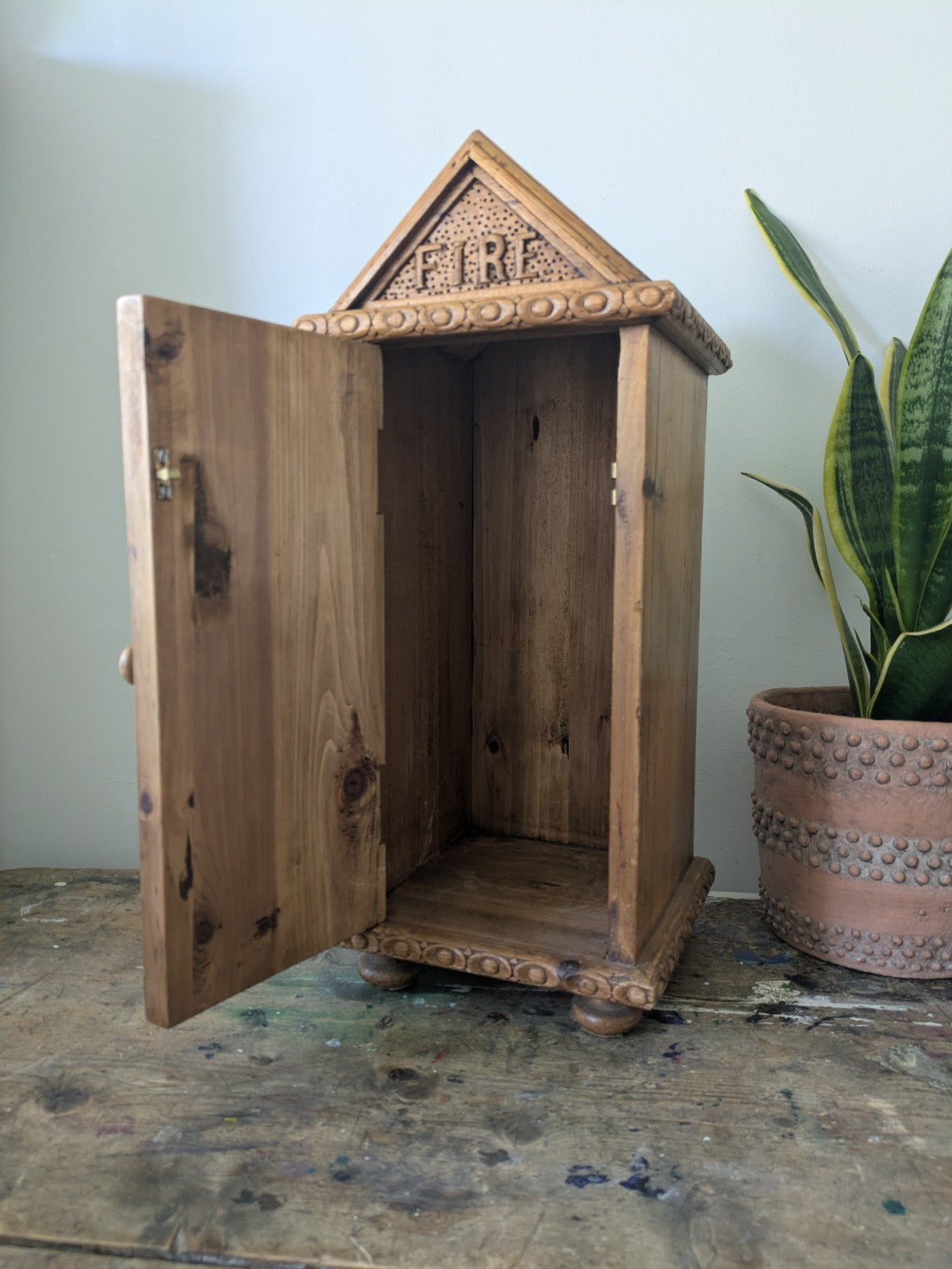 Small Table Top Pine Wood Cabinet Cupboard Fire Storage Unit Unusual Wooden Vgc