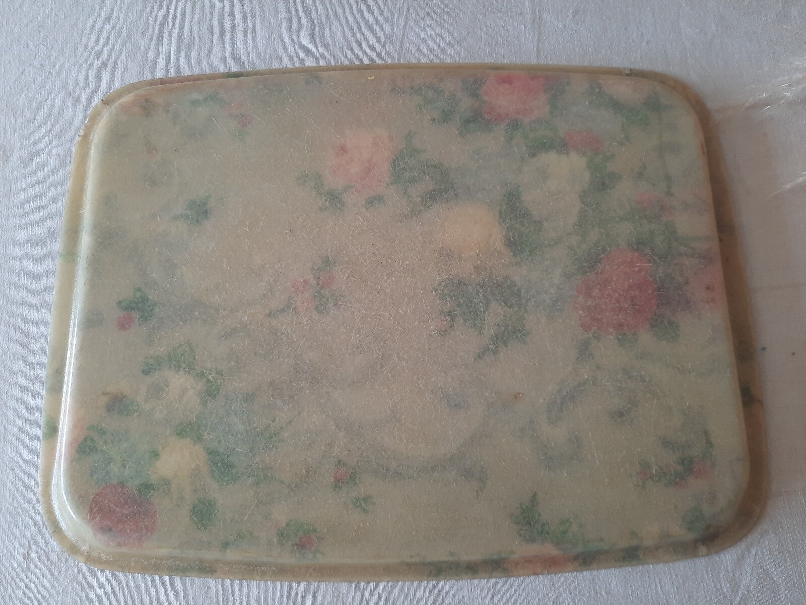 Vintage Fibreglass Cottage Floral Serving Tray lap dinner cabbage rose large Old
