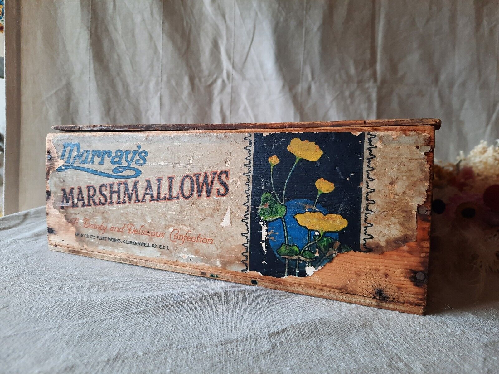 Antique 1920s 1930s Wooden Box Advertising Pine MURRAYS MARSHMALLOWS sweet Shop