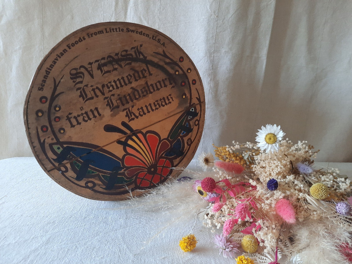 Vtg Wooden Pantry Box Hand Painted Flowers Little Sweden, USA Food Bentwood Rare