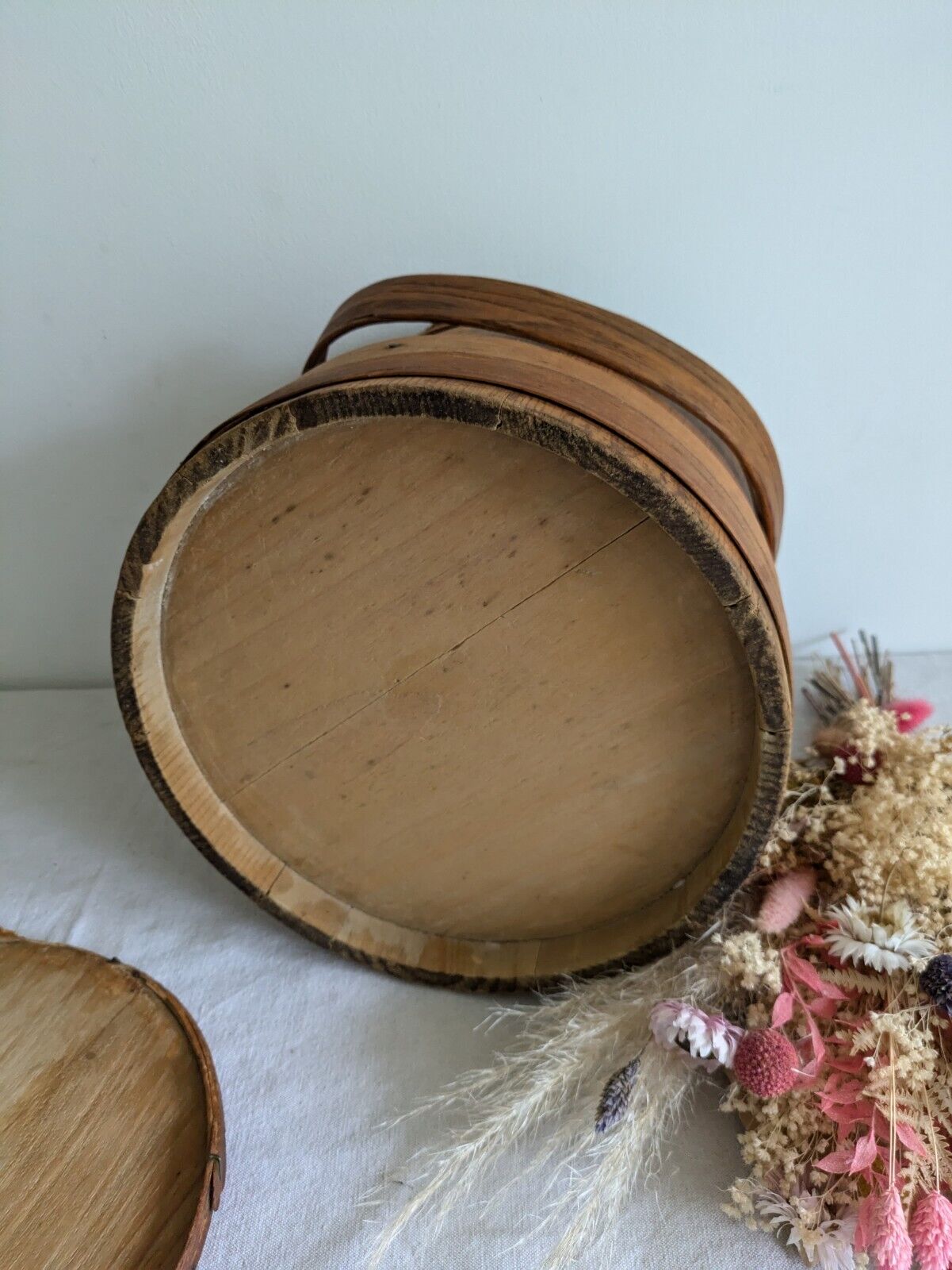 Vintage Wooden Firkin Sugar Bucket Lid Handle Primitive Pantry Pail 19th Century