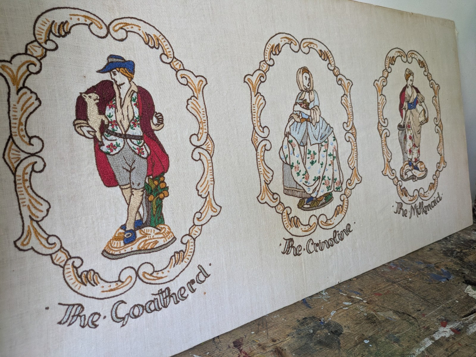 Vintage Antique Hand Embroidered Pictures of Crinoline Lady, Goatherd, Milkmaid