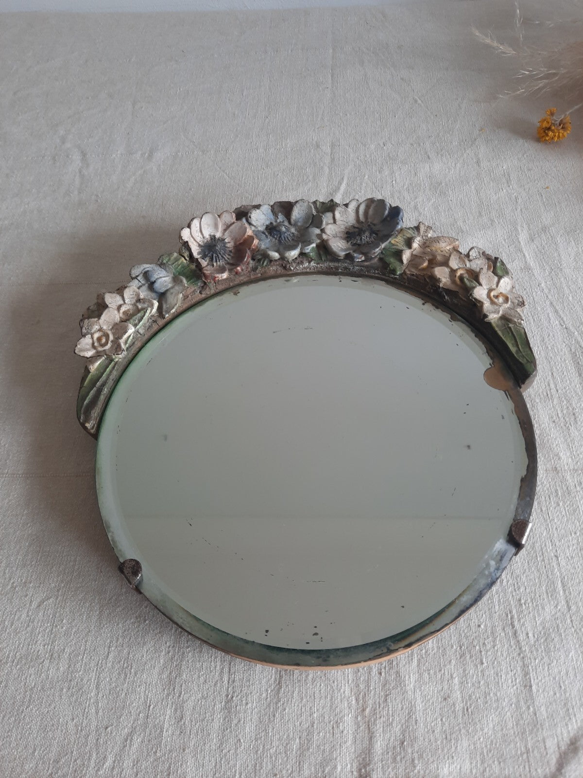 Vintage Barbola Mirror Circa 20s 1930s art deco floral antique Round bevel edge