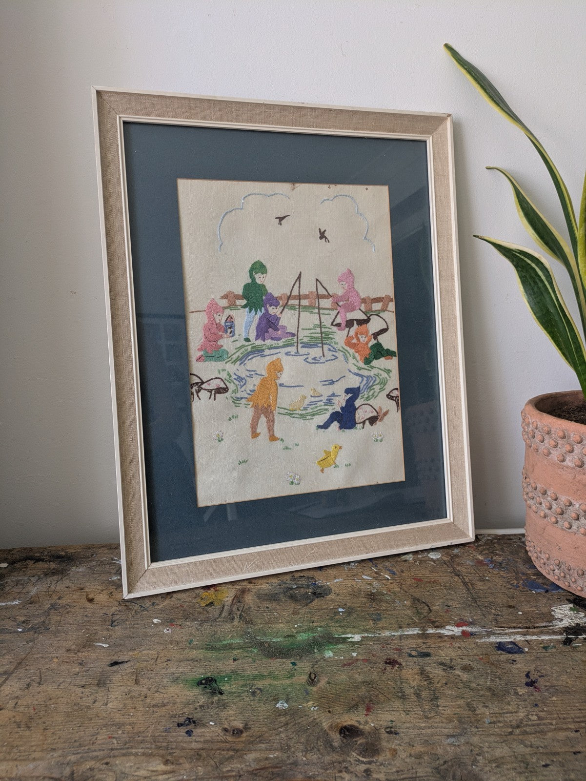Vintage Hand Embroidery Oak Framed Picture Pixie Fishing Nursery Kitsch Retro!!