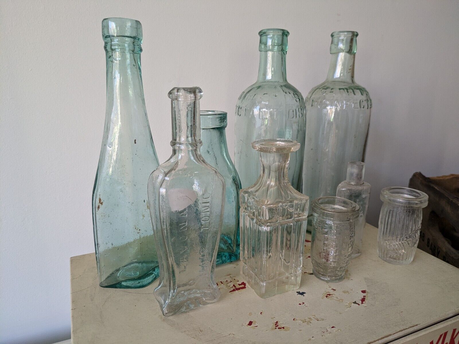 9x XL Antique Vintage Glass Bottles vase original apothecary teal disinfectant 