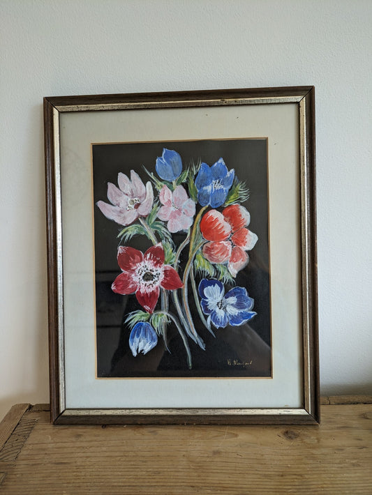 Original Old Vintage Bouquet Still Life Floral Oil Painting-Signed Flowers Frame