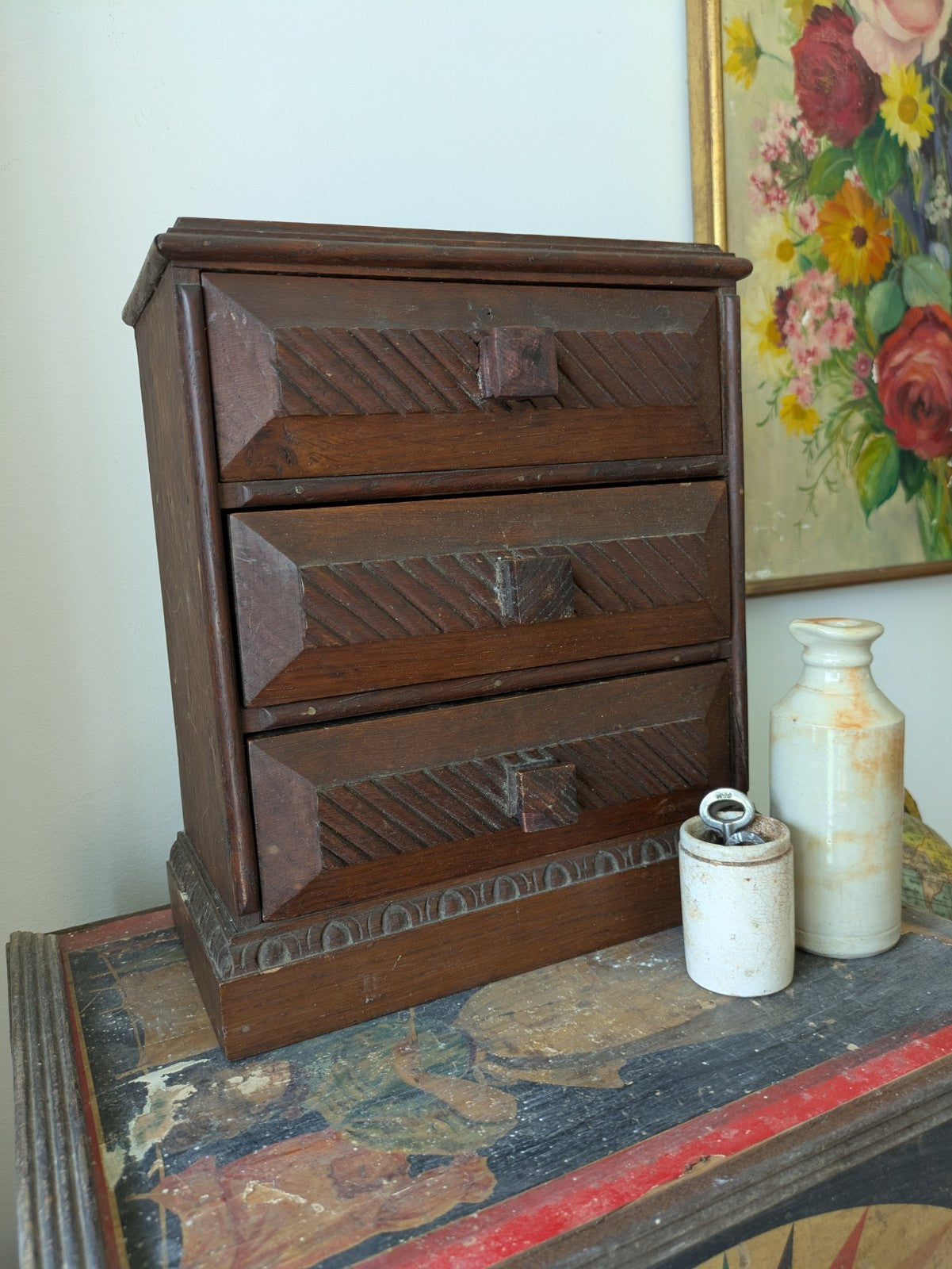 Antique 19th Century Three Drawer Table Top Drawers Carved Apprentice Art Deco 