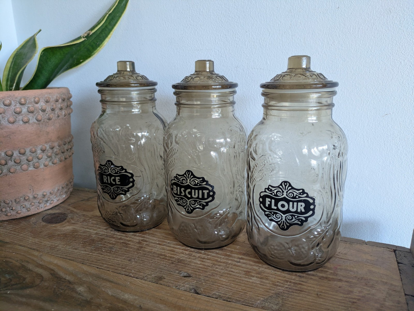 Trio of Vintage Italy Glass Jars Fruit Pattern Smoked Stick On Labels Cannister