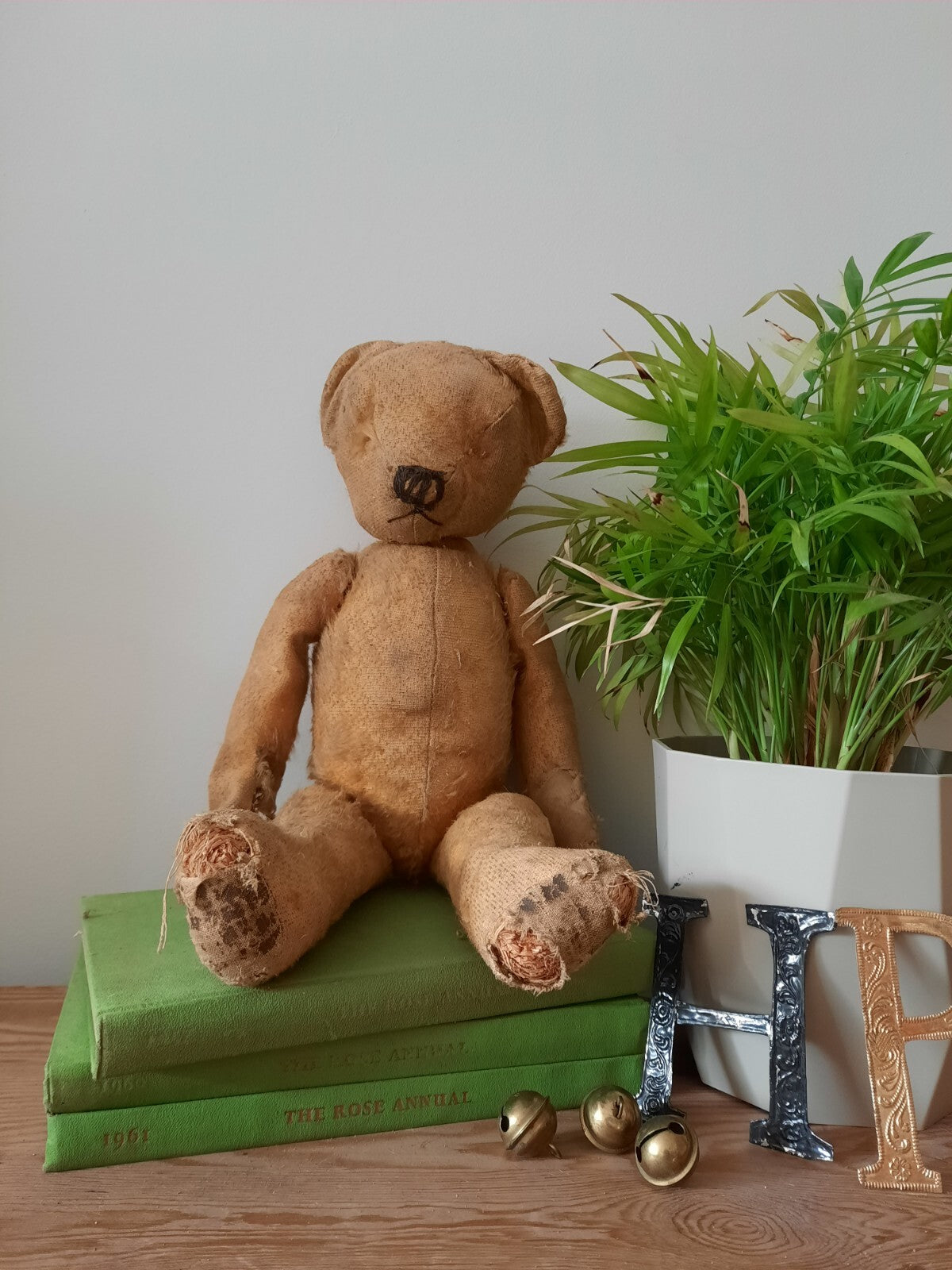 Antique Jointed Old Mohair Teddy Bear straw stuffed vintage RARE worn toy play