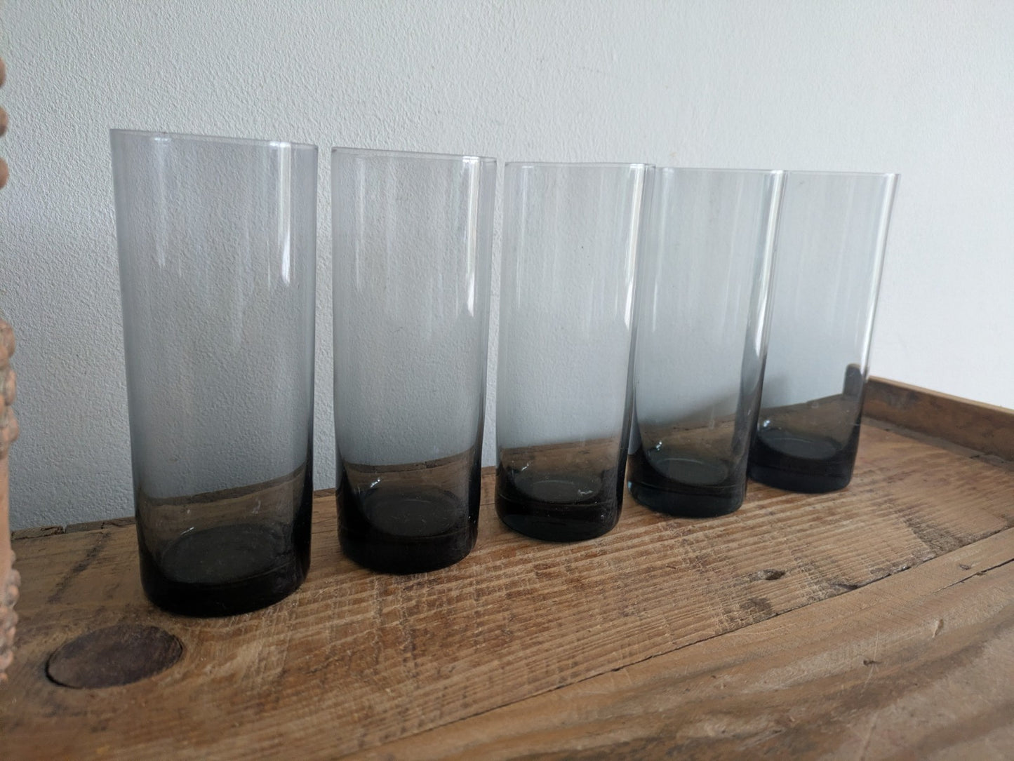 Vintage Smoked Glass Tumblers Set of 5 Mid-Century - Tall Drinking Glasses MCM 