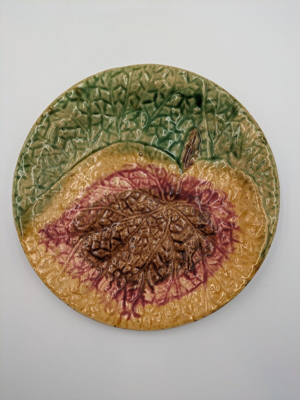 19TH CENTURY ENGLISH ANTIQUE MAJOLICA BEGONIA LEAF PATTERN PLATE CABBAGE WARE VG