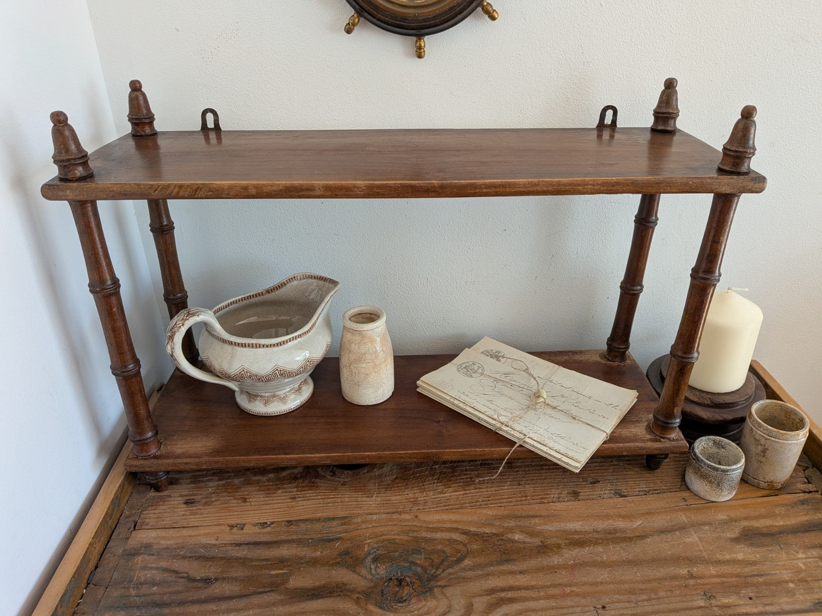 Antique Vintage French Faux Bamboo Wall Shelf Two Tier Wooden Finials Bookshelf 