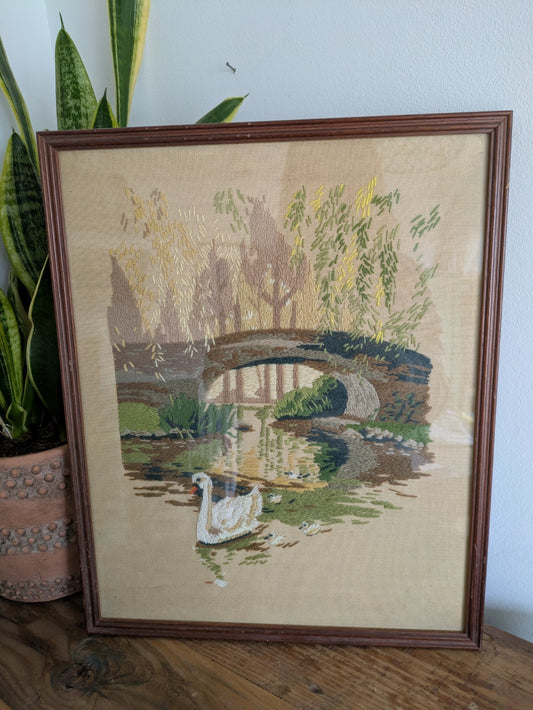 Vintage Needlework Crewel Stitchwork Crochet Swan Signets River Picture English