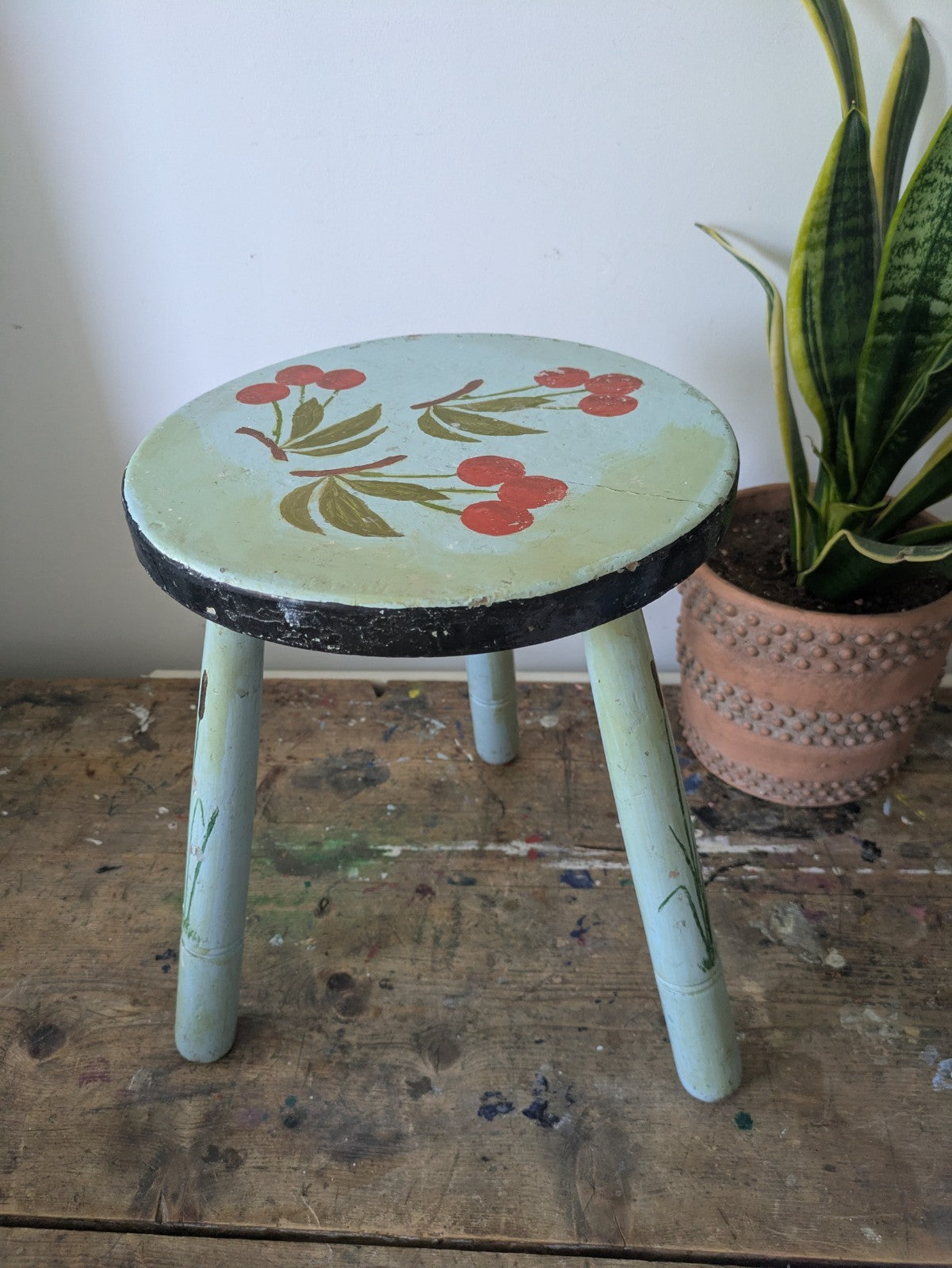 Vintage Stool Folk Art Hand Painted Cherries Blue Chippy Original Antique Tripod