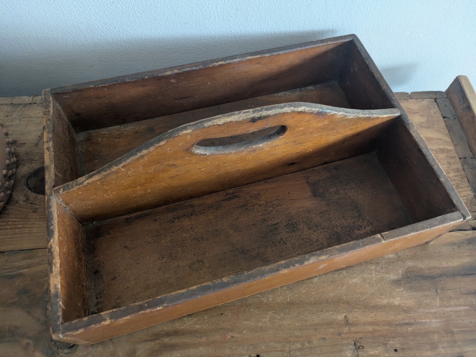 Vintage Antique Wooden Cutlery Tray / Knife Box Kitchen Trug Sectional Prop Old