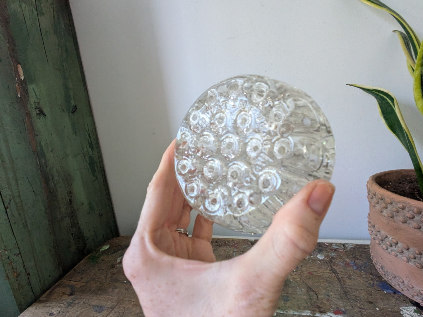 Vintage Glass Flower Frog with 19 Holes Paperweight Decor Florist Clear Vase Old