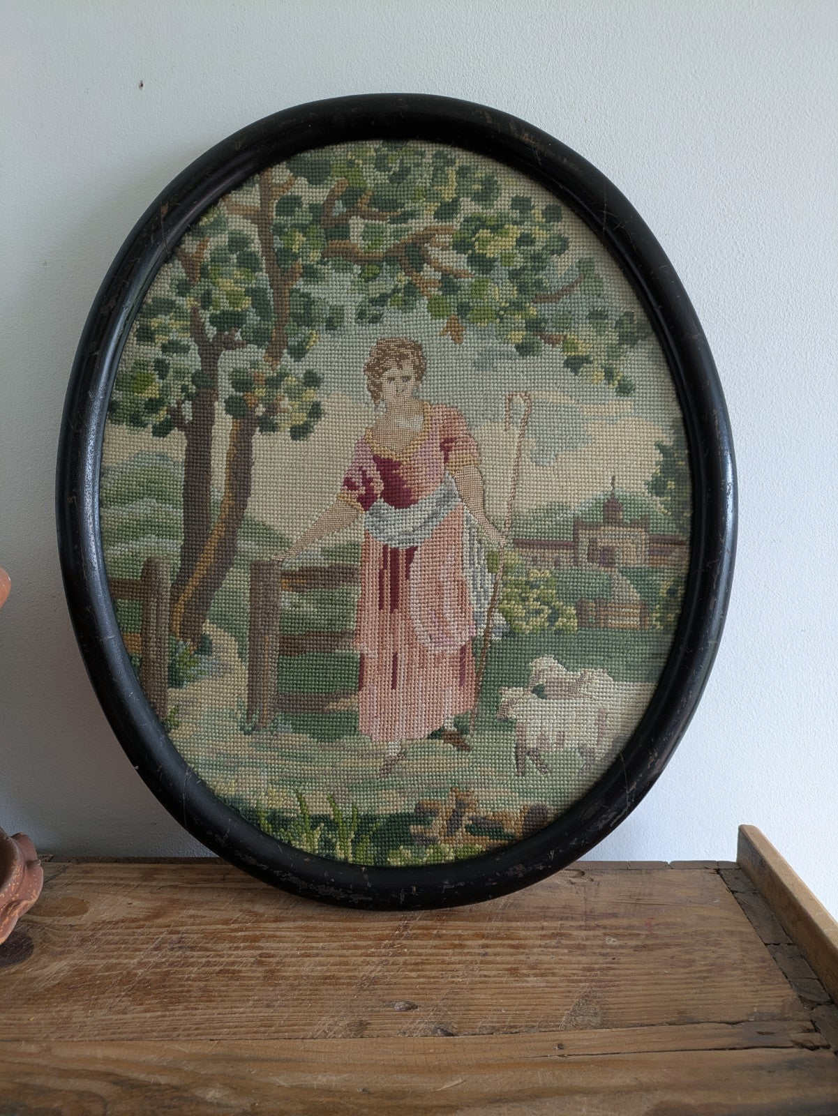 Antique Oval Vintage Framed Handmade Wool Needlepoint Tapestry Shepherdess Sheep