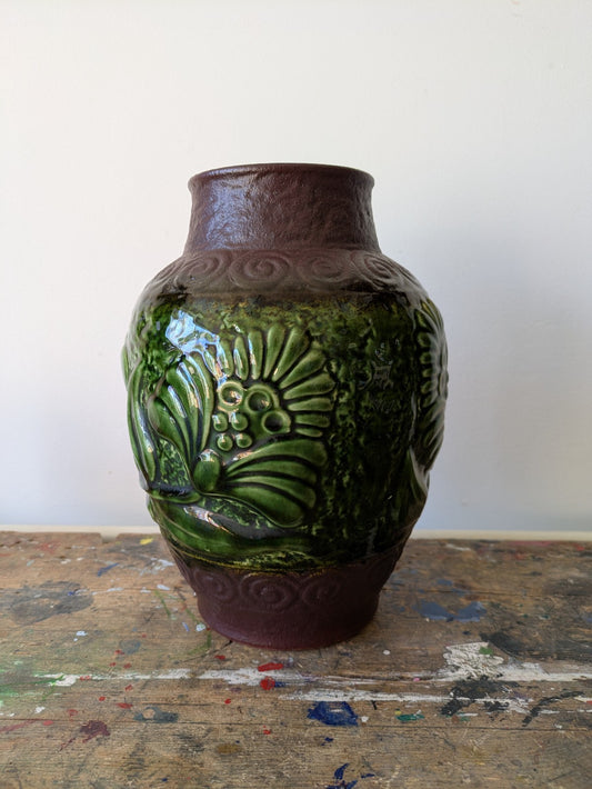 VTG West German Pottery Vase Bay 670-25 Green Glaze Brown Tones Floral VGC Large