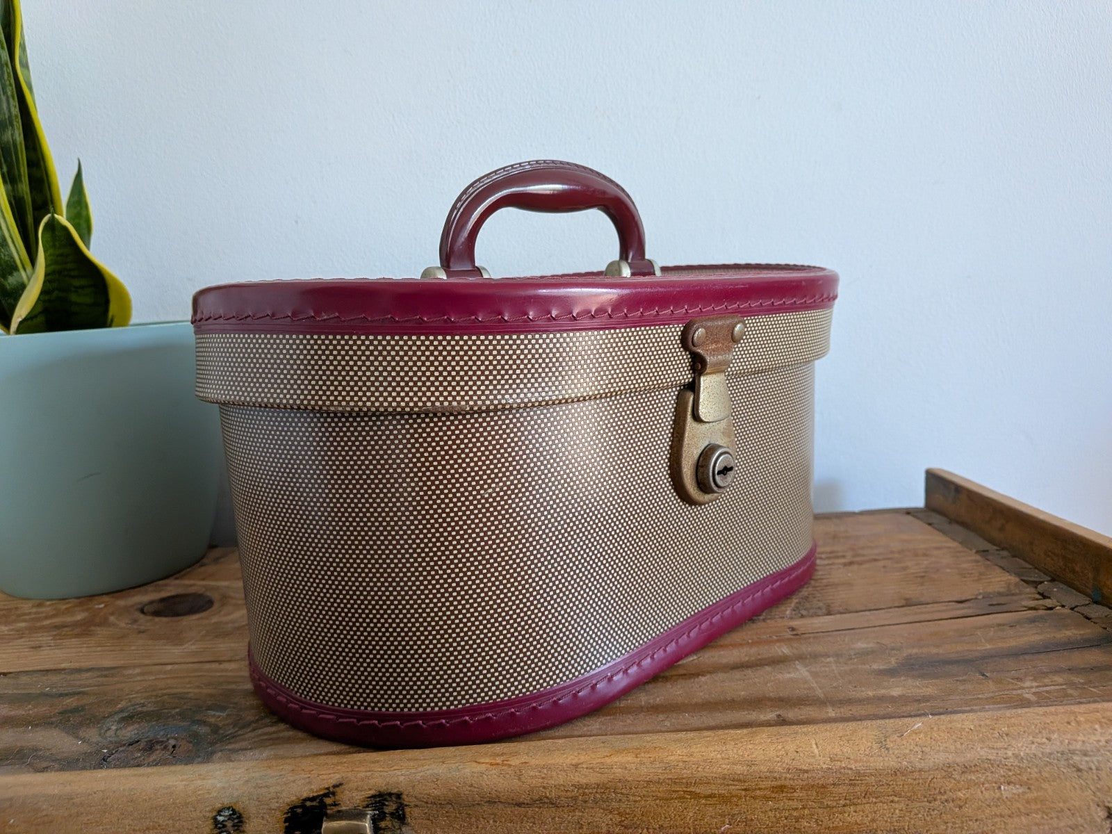 Vintage Cheney Vanity Case Child's Suitcase Luggage Prop Maroon Two-tone TV Film