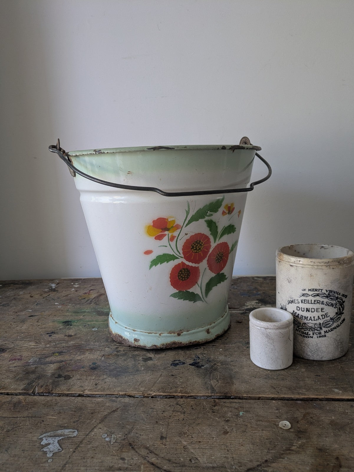 Antique White Enamel Floral Hungarian Bucket Prop Vintage Pail Garden Laundry Vg