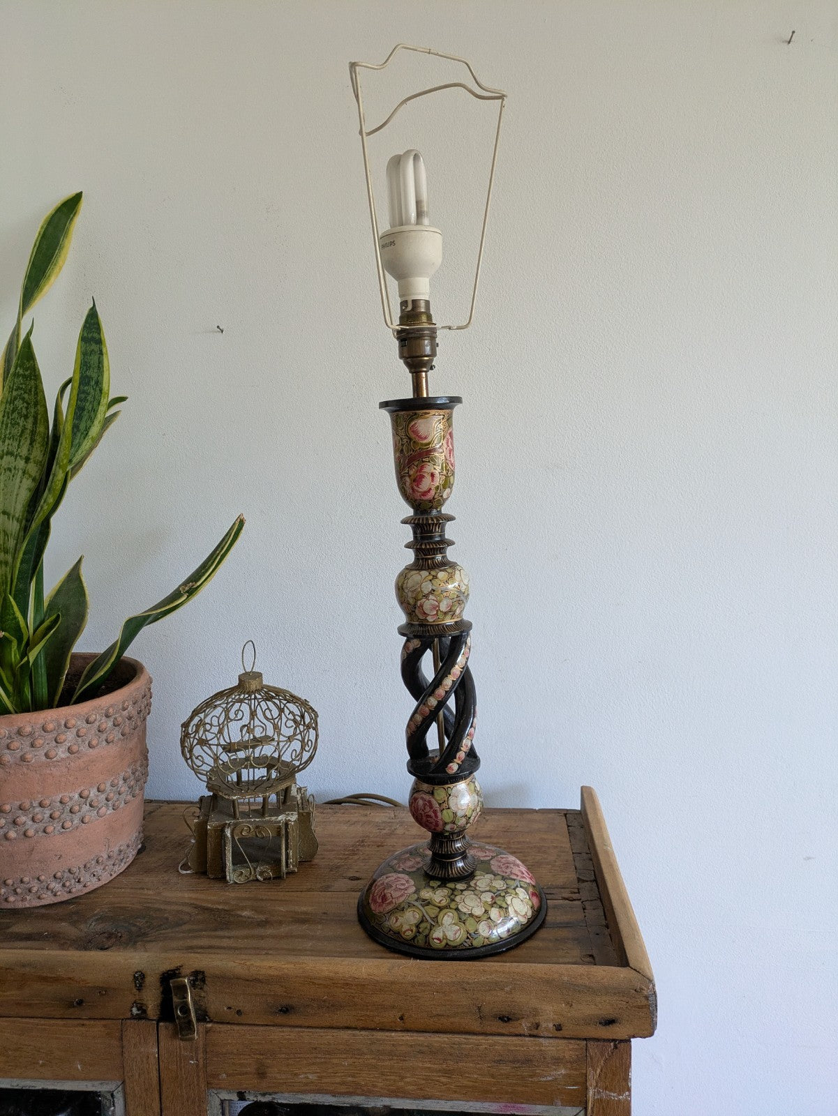19th C Lamp Vintage Kashmiri Indian Lacquer Papier Mache Gilded Flower Cloisonne