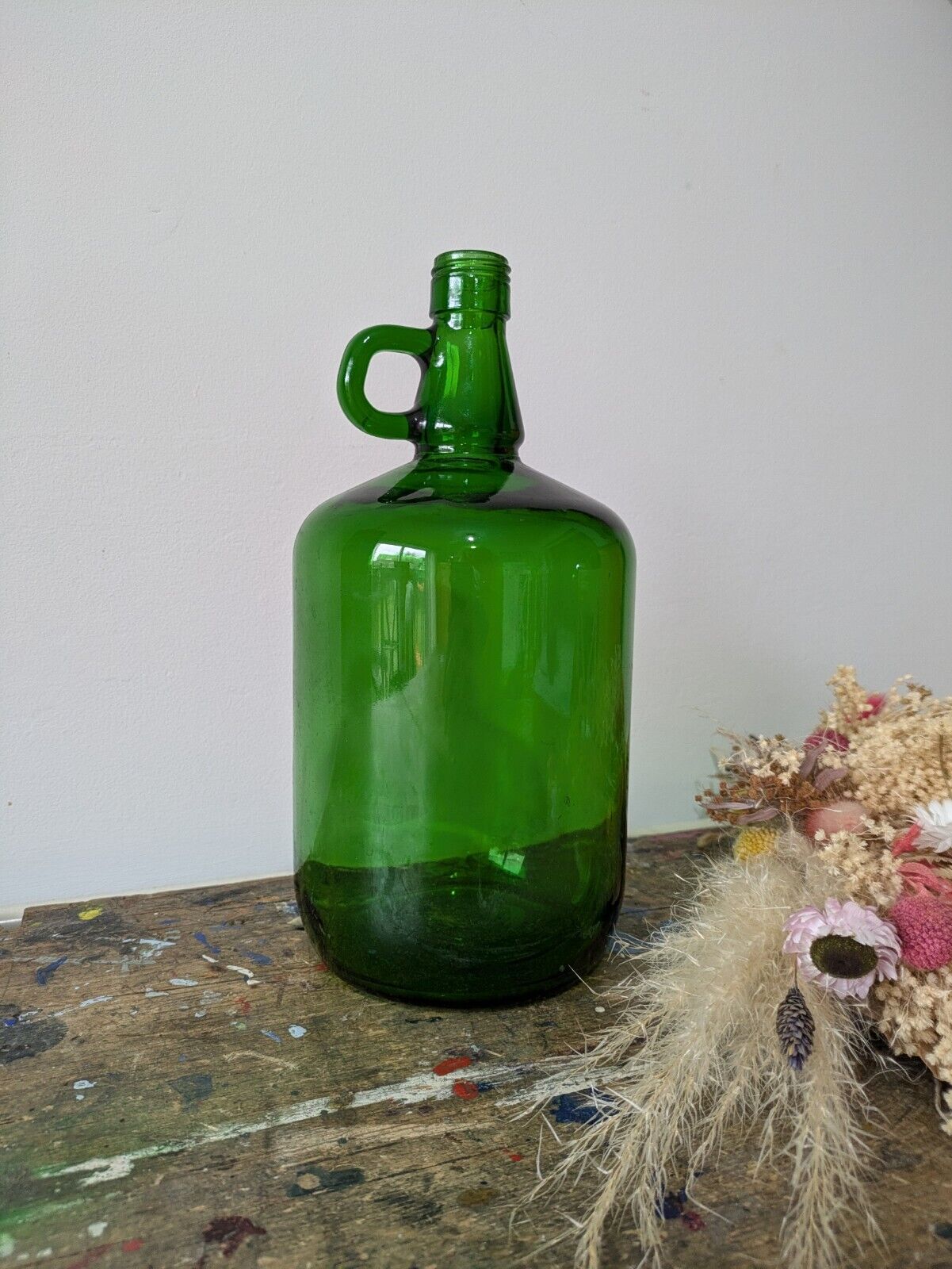 Vtg French Green Glass Jug Bottle Demijohn Modele Depose Beer Wine Display Vase 